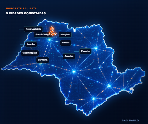 Mapa de São Paulo com as nove cidades atendidas pela InfinityOn destacadas no noroeste paulista
